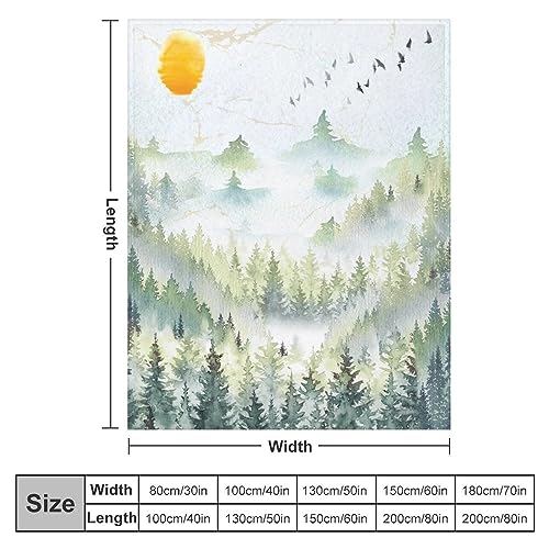 Misty Forest Mountain Blanket Lightweight FlannelWatercolor Foggy Green Rustic Woodland Landscape Birds Nature Art Throw Blanket for Women Men Soft Cozy Plush Warm Fleece Birthday Gifts 50"x60"