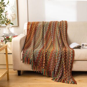 lifein Boho Throw Blanket for Couch - Soft Knitted Farmhouse Bed Throw, Cozy Knit Small Lightweight Blankets&Throws with Tassel for Woman,Home Decor,Bed,Chair,Sofa,Gift,Summer(Bohemia Red,50 * 60")