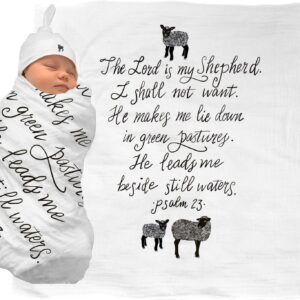 The Lord is my Shepherd (Psalm 23) Muslin Swaddle & Bonus Baby Hat with Scripture Quote - 100% Organic Unbleached Cotton - Swaddle/Blanket - Unique Shower & Baptism Gift