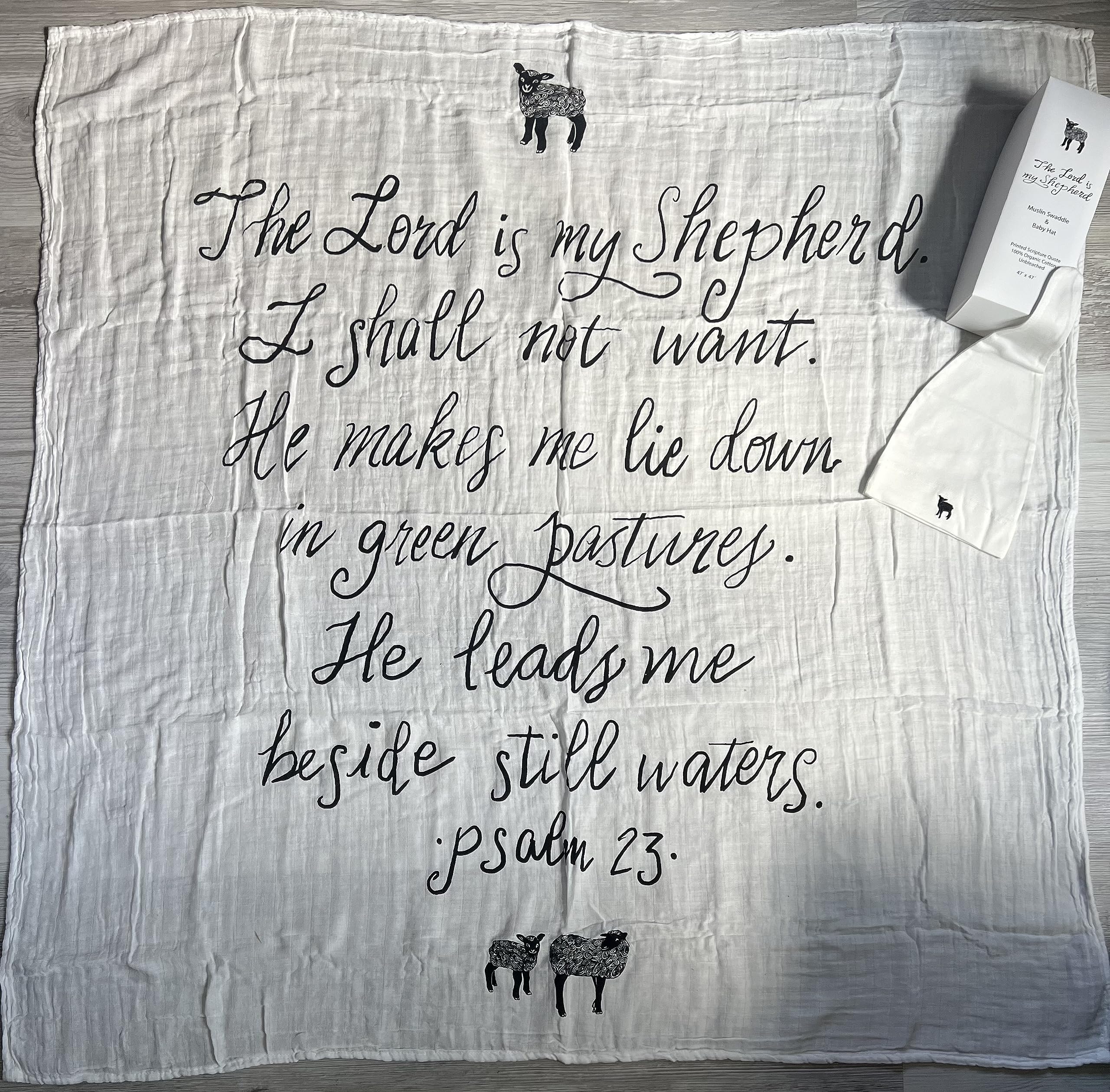 The Lord is my Shepherd (Psalm 23) Muslin Swaddle & Bonus Baby Hat with Scripture Quote - 100% Organic Unbleached Cotton - Swaddle/Blanket - Unique Shower & Baptism Gift