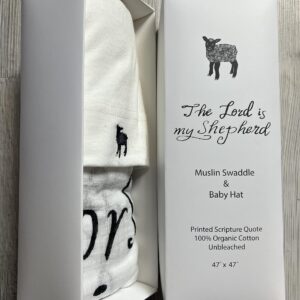 The Lord is my Shepherd (Psalm 23) Muslin Swaddle & Bonus Baby Hat with Scripture Quote - 100% Organic Unbleached Cotton - Swaddle/Blanket - Unique Shower & Baptism Gift