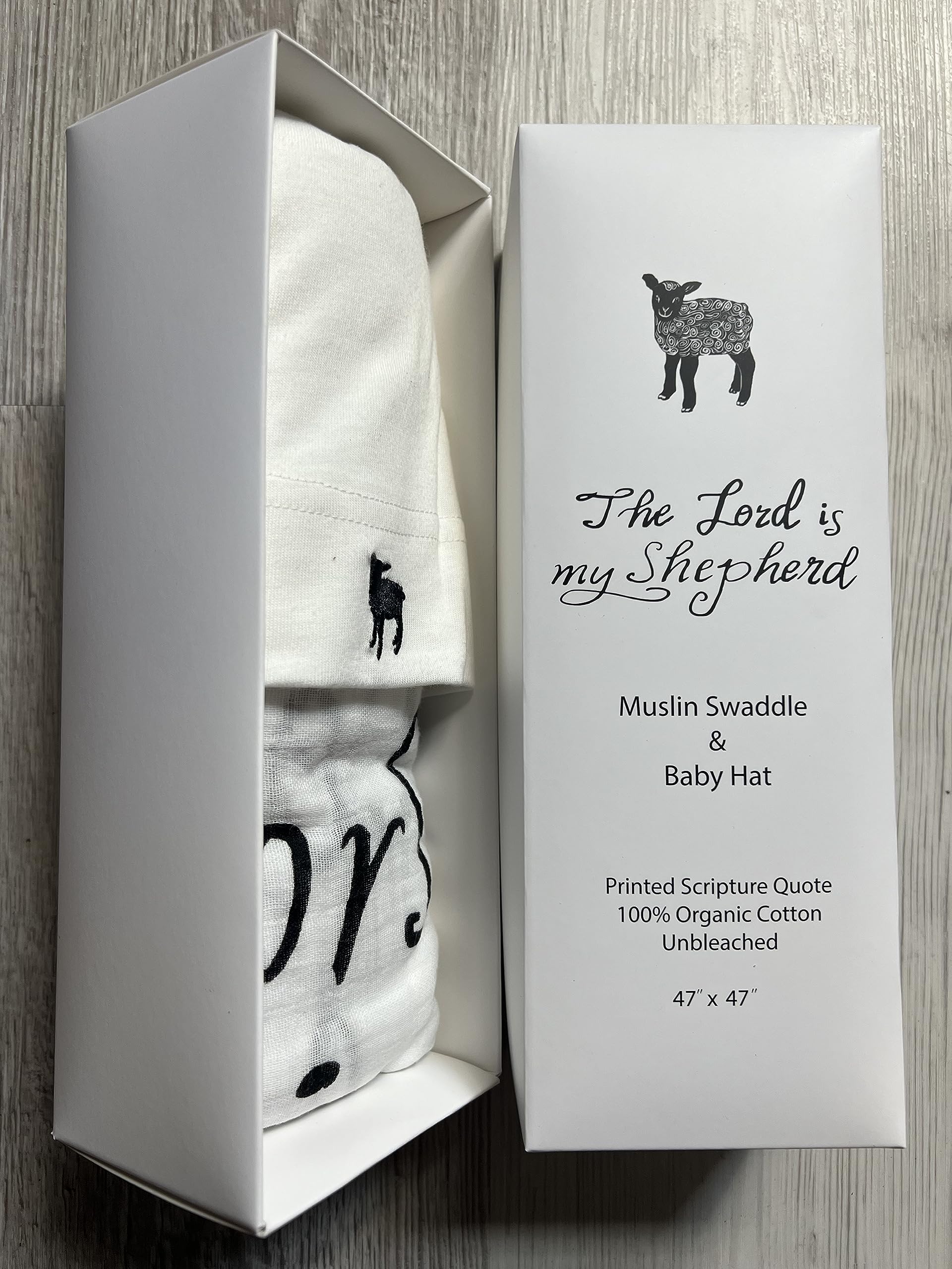 The Lord is my Shepherd (Psalm 23) Muslin Swaddle & Bonus Baby Hat with Scripture Quote - 100% Organic Unbleached Cotton - Swaddle/Blanket - Unique Shower & Baptism Gift