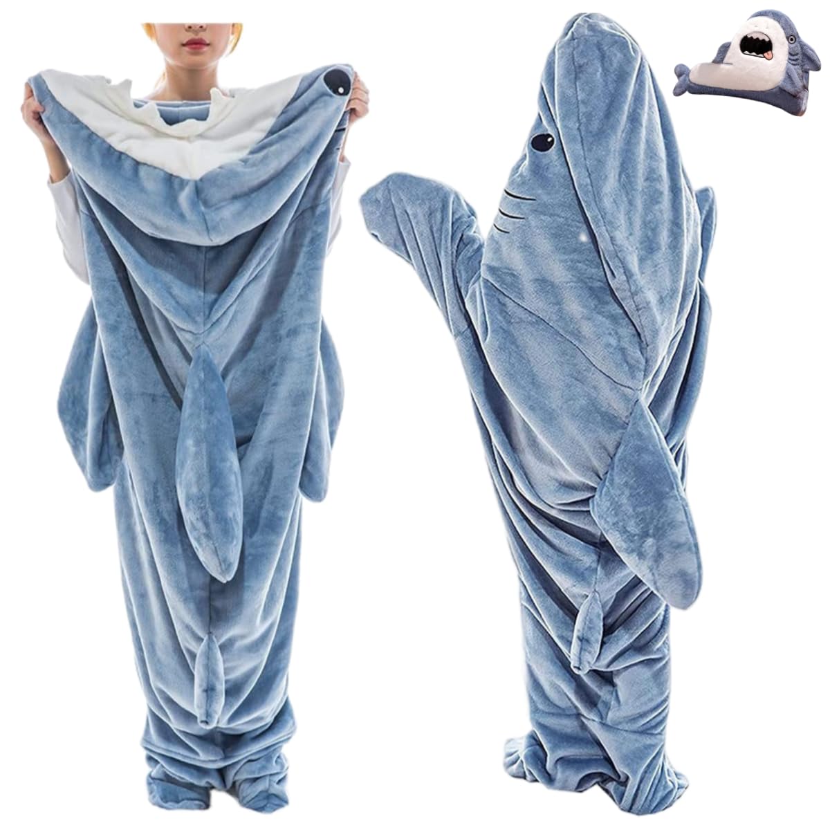 Sharks Blankets Hoodie for Adult, Sharks Blankets Super Soft Cozy Hoodie, Cute Cartoon Animals One-Piece Blanket, Wearable Sharks Blankets Hoodie Sleeping Bag, Ideal Sharks Blankets Gifts(Blue,XXL)