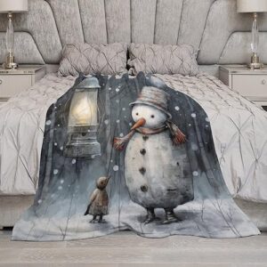 Blanket Snowman, Bird and Lantern Plush Throw Fleece Blanket Happy Winter Holiday Soft Cozy Microfiber Throw Blanket for Couch Sofa Bed for Adults Kids Boys Teens Gift Christmas 60"x80"