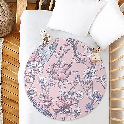 LAKIMCT Hand Drawn Flowers Birds Round Soft Baby Blankets for Boys Girls, Newborn Blanket for Suitable for Swaddling Sleep Stroller Cover Nursery Blanket, 35 Inch