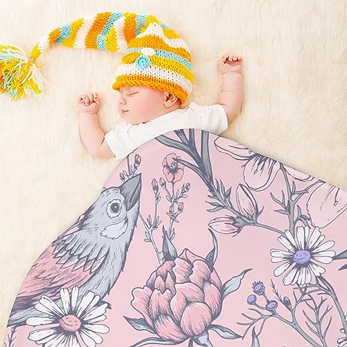 LAKIMCT Hand Drawn Flowers Birds Round Soft Baby Blankets for Boys Girls, Newborn Blanket for Suitable for Swaddling Sleep Stroller Cover Nursery Blanket, 35 Inch