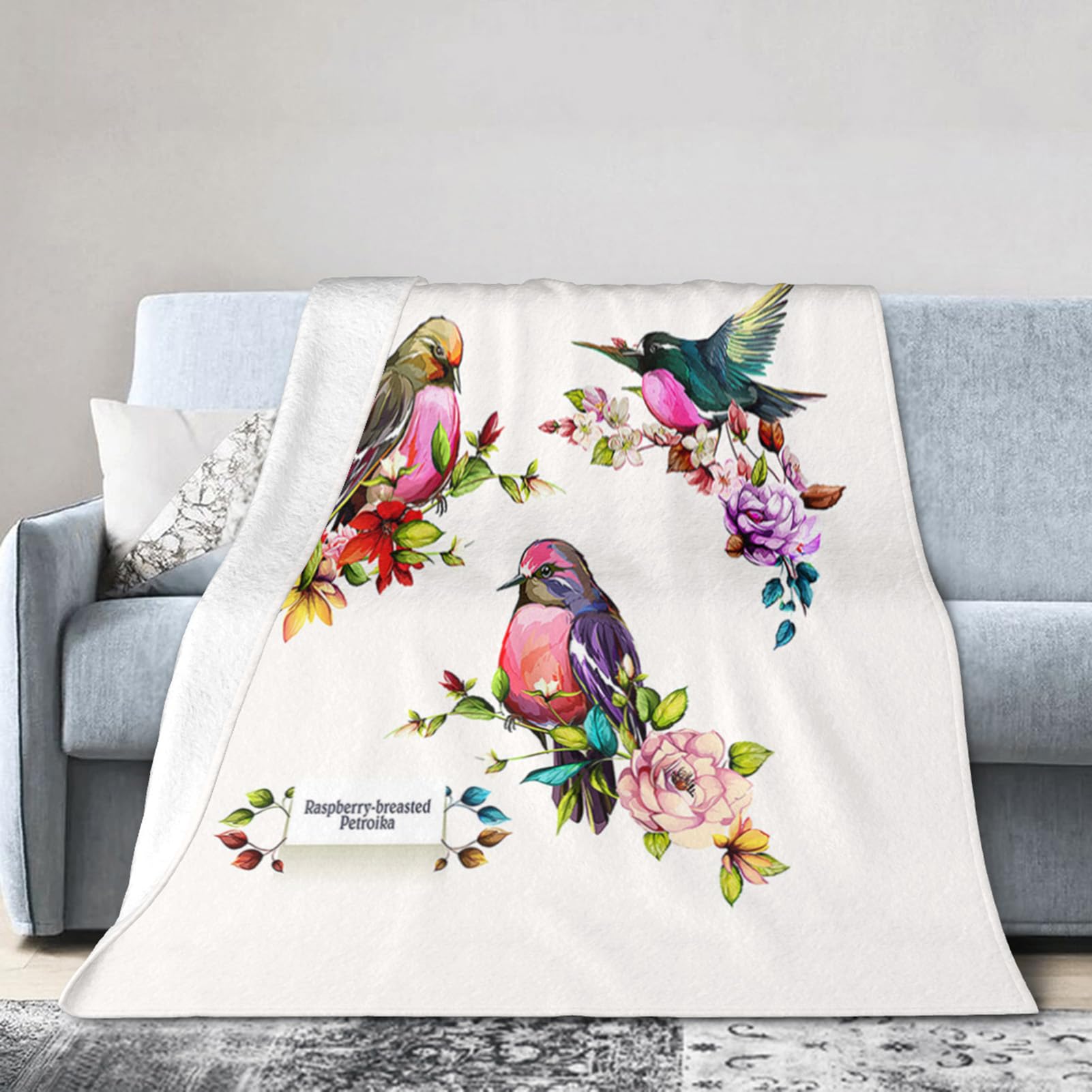 Throw Blanket 30x40 Inch,Bird On Raspberry Branch Leaf Flannel Soft Cozy Fluffy Throw Blankets and Warm Throws for Adults in Couch Sofa Bed 40x30 Inch