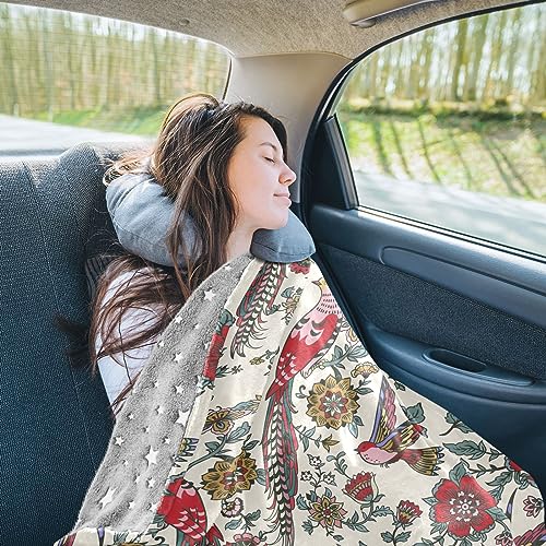 Joko Ivery Flowers Birds Premium Soft Travel Blanket Pillow Airplane Blanket with Hand Luggage Belt & Backpack Clip Travel Essentials 2 in 1 for Office Home Airplane Car