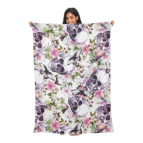 Joko Ivery Skulls Flowers Birds Butterflies Premium Soft Travel Blanket Pillow Airplane Blanket with Hand Luggage Belt & Backpack Clip Car Pillow 2 in 1 for Car Office Train Bus