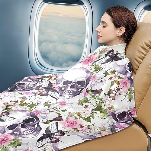 Joko Ivery Skulls Flowers Birds Butterflies Premium Soft Travel Blanket Pillow Airplane Blanket with Hand Luggage Belt & Backpack Clip Car Pillow 2 in 1 for Car Office Train Bus