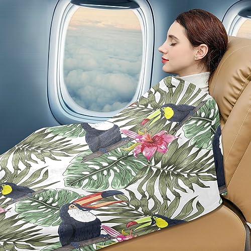 Joko Ivery Tropical Palm Leaves Birds Premium Soft Travel Blanket Pillow Airplane Blanket with Hand Luggage Belt & Backpack Clip Airplane Essentials 2 in 1 for Airplane Train Bus Car