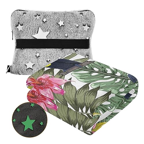 Joko Ivery Tropical Palm Leaves Birds Premium Soft Travel Blanket Pillow Airplane Blanket with Hand Luggage Belt & Backpack Clip Airplane Essentials 2 in 1 for Airplane Train Bus Car