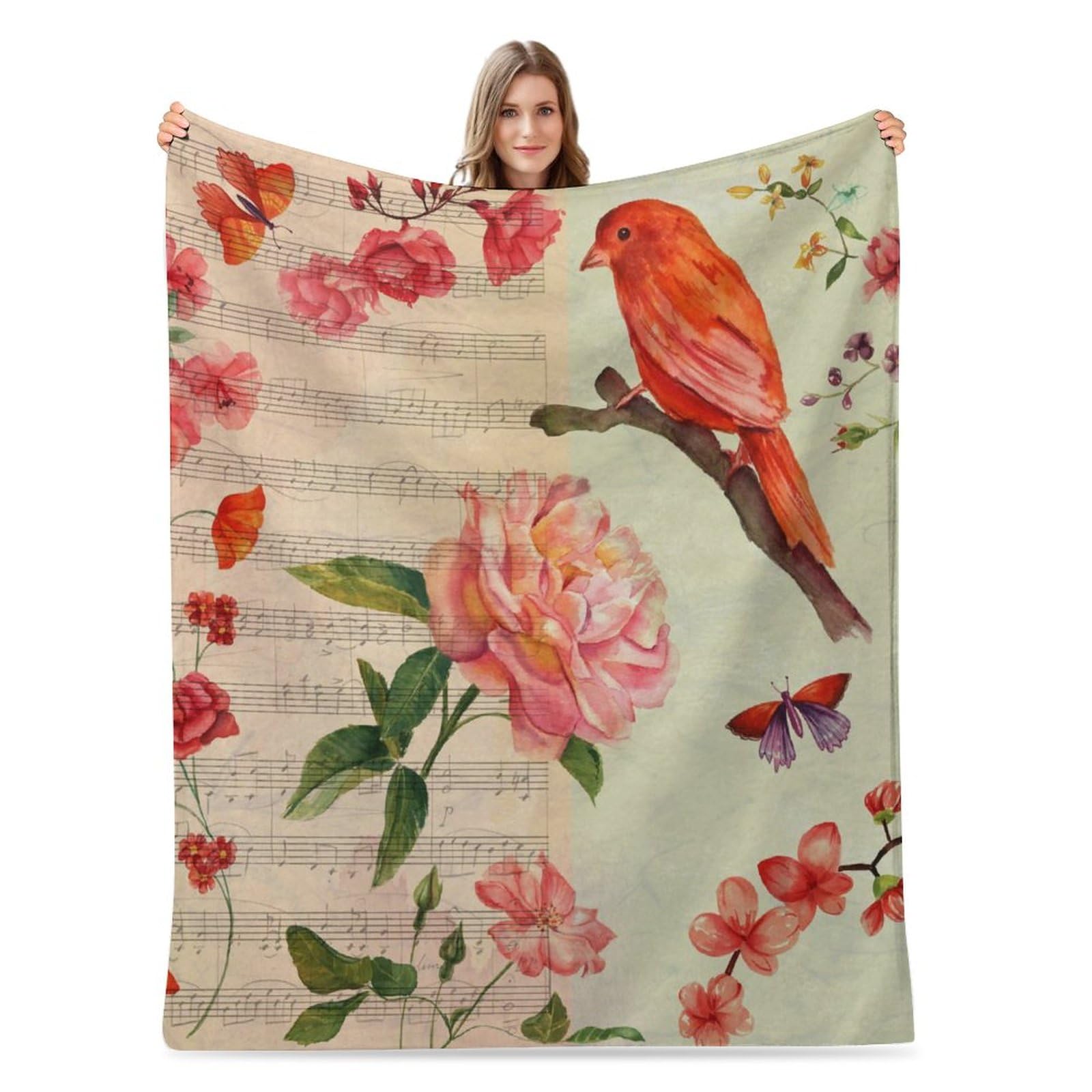 Delerain Bird with Sheet Music Flannel Fleece Throw Blanket 50"x60" Living Room/Bedroom/Sofa Couch Warm Soft Bed Blanket for Kids Teens Boys Girls All Season