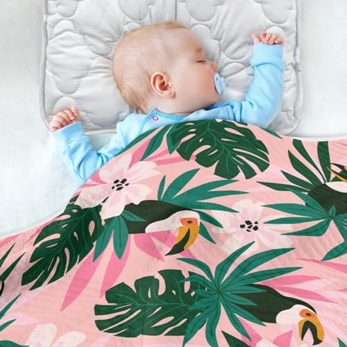 Coikll Tropical Birds and Palm Leaves Baby Blanket Cotton Cozy Throw Blanket Warm Nursery Swaddle Receiving Toddler Blankets 30" x 40