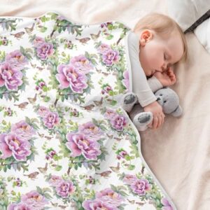 Coikll Purple Flowers Birds Baby Blanket Cotton Cozy Throw Blanket Warm Nursery Swaddle Receiving Toddler Blankets 30" x 40