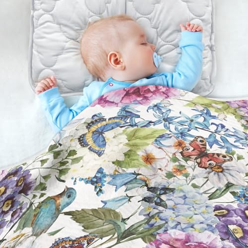 Coikll Floral Bird Butterfly Baby Blanket Cotton Cozy Throw Blanket Warm Nursery Swaddle Receiving Toddler Blankets 30" x 40