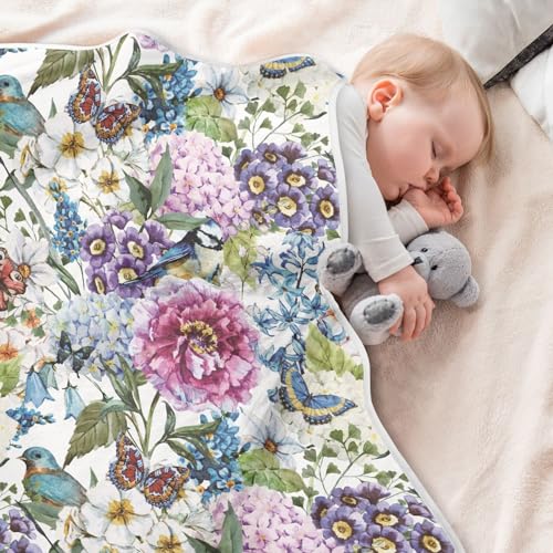 Coikll Floral Bird Butterfly Baby Blanket Cotton Cozy Throw Blanket Warm Nursery Swaddle Receiving Toddler Blankets 30" x 40