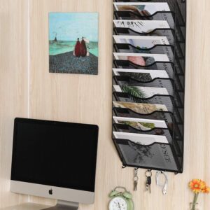 EasyPAG Hanging File Organizer Wall Mount 10 Pocket Vertical Wall Folder Holder Mail Organizer with 5 Key Hook for Office and Classroom,Black