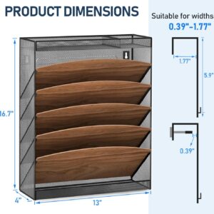 LUCYCAZ 7-Tier Wall File Organizer-Wood Wall File Holder with Top Tray, 5 Pockets Mesh Wall Organizer with Bottom Tray, Hanging File Organizer for Office and Home, Black