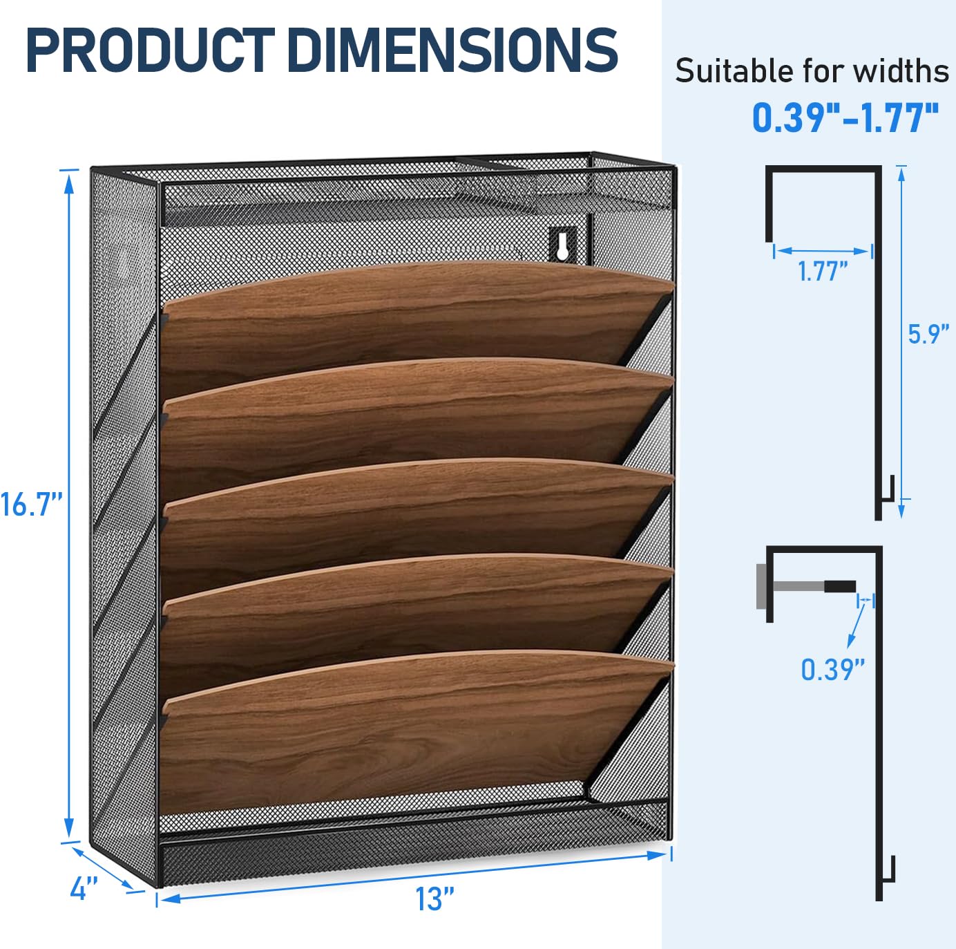 LUCYCAZ 7-Tier Wall File Organizer-Wood Wall File Holder with Top Tray, 5 Pockets Mesh Wall Organizer with Bottom Tray, Hanging File Organizer for Office and Home, Black