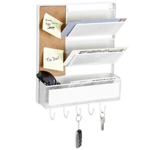 mygift mesh metal wall mounted organizer with cork board & 5 key hooks, white