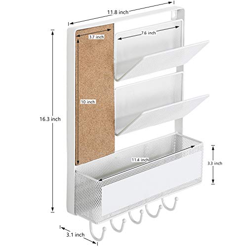 MyGift Mesh Metal Wall Mounted Organizer with Cork Board & 5 Key Hooks, White