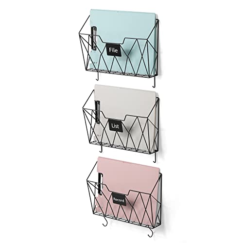 CADUKE Hanging File Organizer Wall Mail Hold 3 Pockets File Wall Organizer with Tag Slot Metal Mesh Folder Wall File Holder with Hooks Mail Paper Organizer Wall Magazine Rack for Office Home, Black