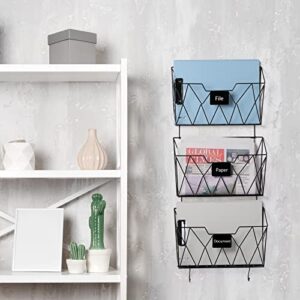 CADUKE Hanging File Organizer Wall Mail Hold 3 Pockets File Wall Organizer with Tag Slot Metal Mesh Folder Wall File Holder with Hooks Mail Paper Organizer Wall Magazine Rack for Office Home, Black