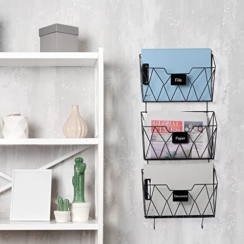 CADUKE Hanging File Organizer Wall Mail Hold 3 Pockets File Wall Organizer with Tag Slot Metal Mesh Folder Wall File Holder with Hooks Mail Paper Organizer Wall Magazine Rack for Office Home, Black