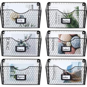 PAG 6 Pockets Hanging File Holder Wall Mount Mail Organizer Metal Chicken Wire Magazine Rack with Tag Slot, Black