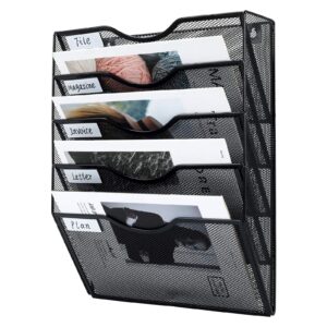 PAG Hanging Wall File Holder Mail Organizer Wall Mount Document Letter Rack, 5-Tier, Black