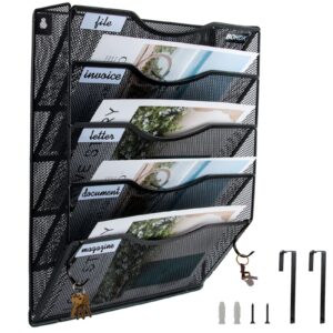 bohdk wall file organizer, 5 tire hanging file folder organizer, vertical mesh metal door/wall mount hanging file holder, paper document magazine rack with hooks for home office black