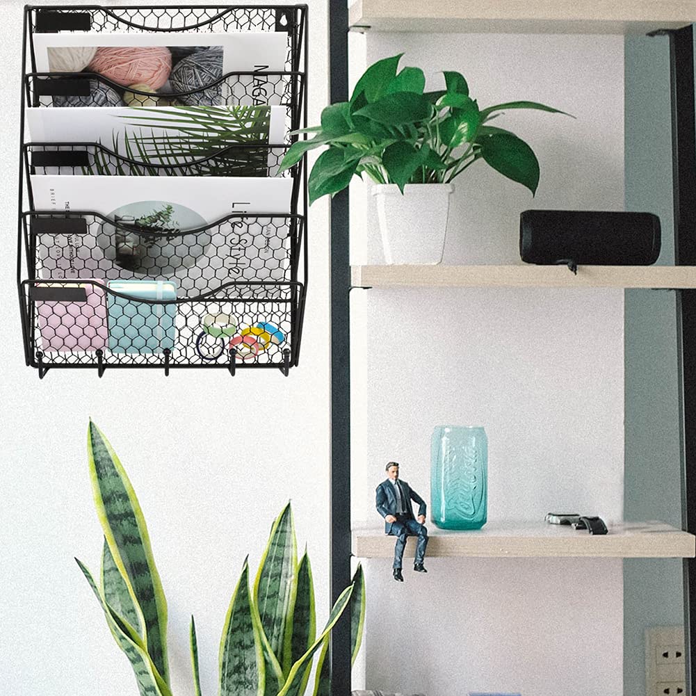 COSYAWN 5 Tier Wall File Holder with Hook, Hanging Mail Organizer Metal Chicken Wire Wall Mount Magazine Rack with Label Panel, Black