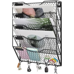 COSYAWN 5 Tier Wall File Holder with Hook, Hanging Mail Organizer Metal Chicken Wire Wall Mount Magazine Rack with Label Panel, Black