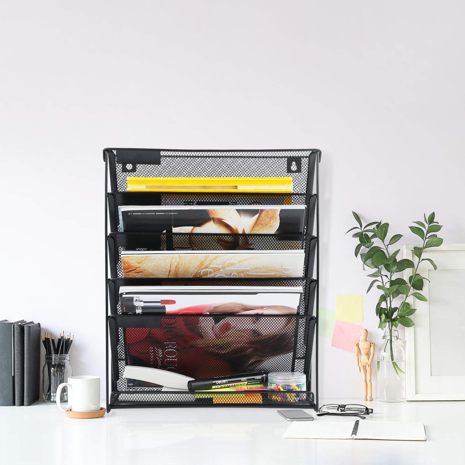 samstar Wall File Organizer Holder, 6-Tier Wall Mount Vertical File Rack for Office Home, Black.