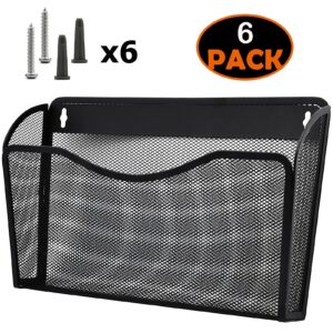 COSYAWN 6 Pack Mesh Wall Mounted File Holder, Metal Hanging Wall Paper Folder Organizers, Single Wall Pockets for Home and Office Black