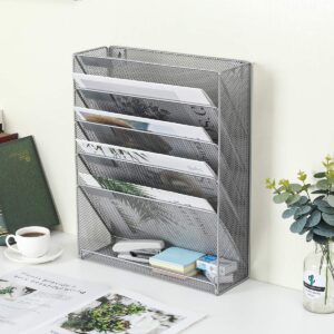 EasyPAG 5 Slot Wall Hanging File Organizer Vertical Office Desk /Wall Mounted File Holder Paper Organizer with Bottom Flat Tray,Black,Silver