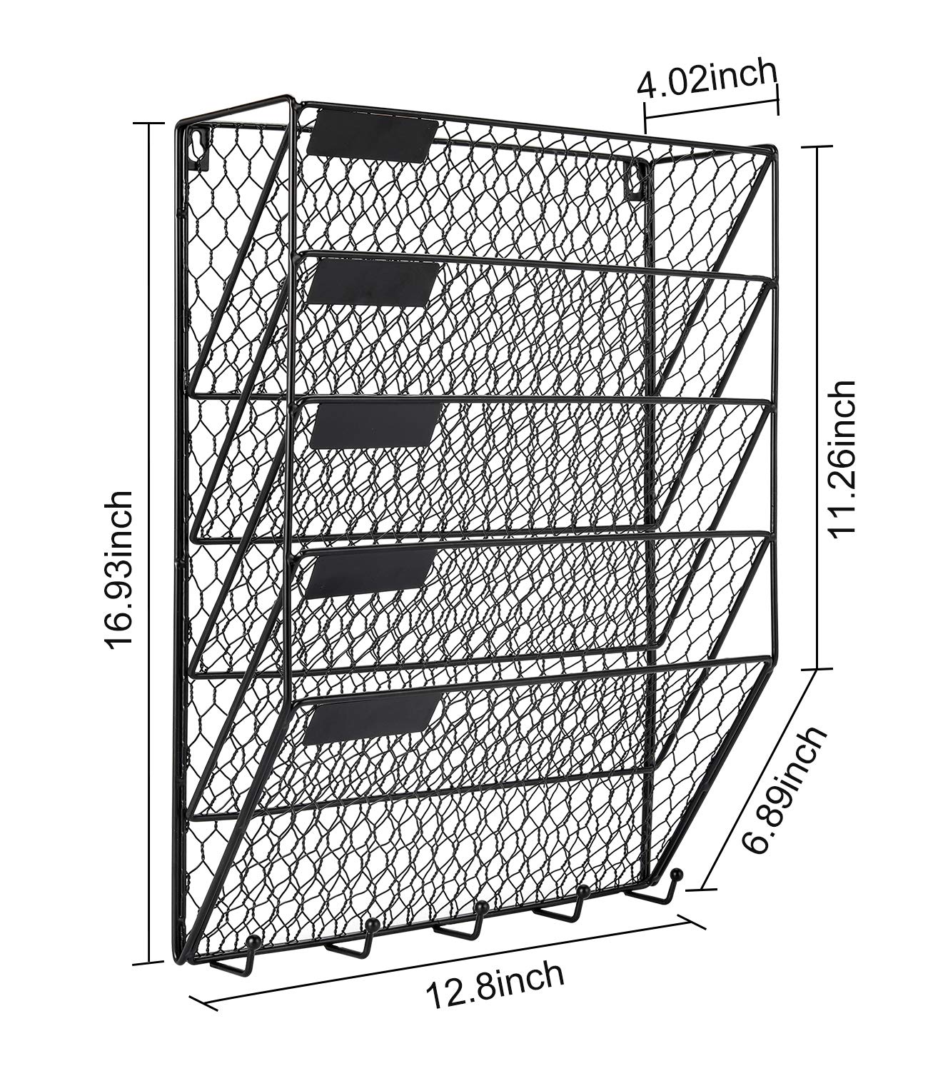 PAG 5 Tier Wall File Holder Hanging Mail Organizer Metal Chicken Wire Wall Mount Magazine Rack with hooks for Home and Office, Black