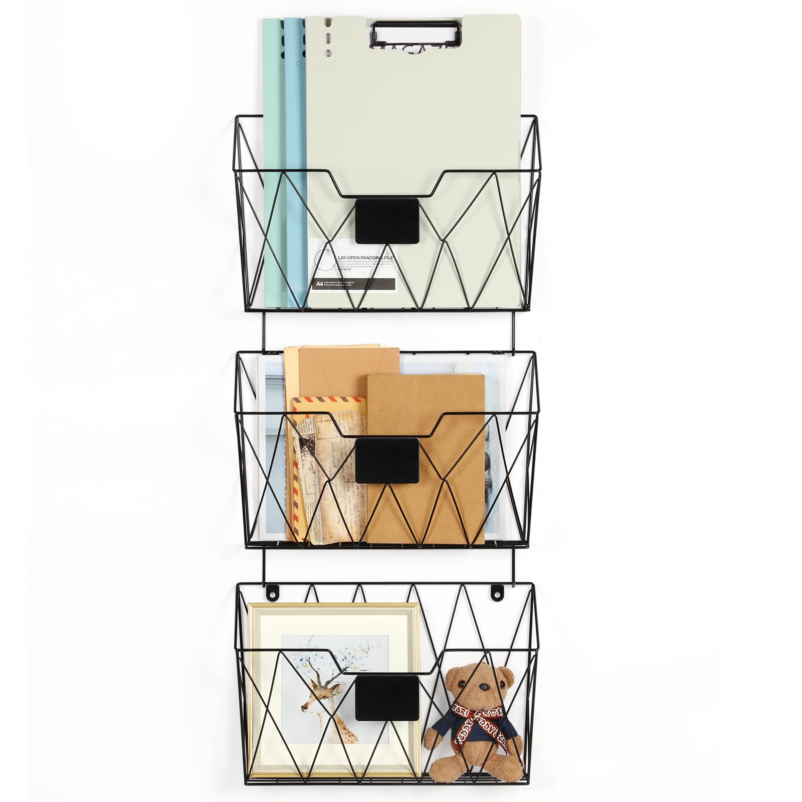 Hanging Wall File Holder Wall Mount Metal Wall File Organizer 3 Pockets Mail Organizer with Hooks for Office Home,Black