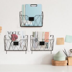 Hanging Wall File Holder Wall Mount Metal Wall File Organizer 3 Pockets Mail Organizer with Hooks for Office Home,Black