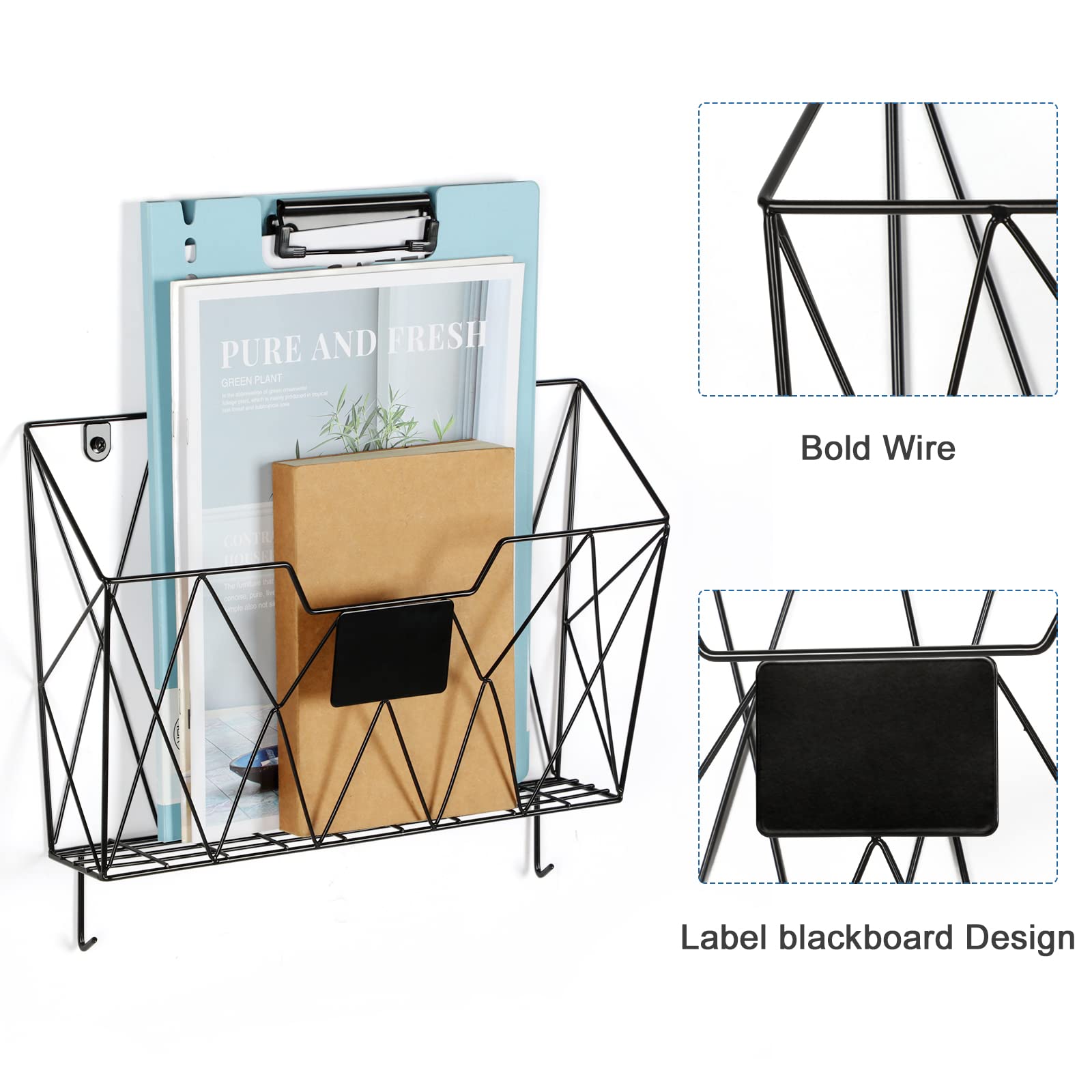 Hanging Wall File Holder Wall Mount Metal Wall File Organizer 3 Pockets Mail Organizer with Hooks for Office Home,Black