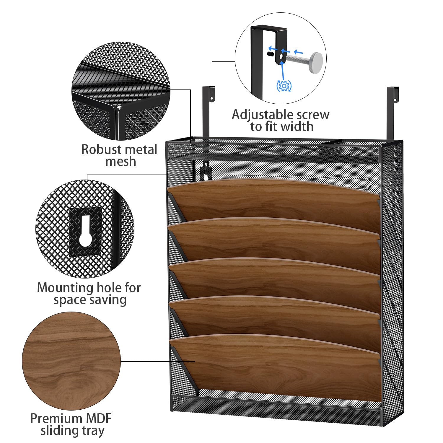 Aimeaihe Wall File Organizer, Wood Wall File Holder, 7 Tier Vertical Hanging Wall File Organizer, 5 Pockets Wall Mount File Holder with Top and Bottom Flat Tray for Office School Home, Black