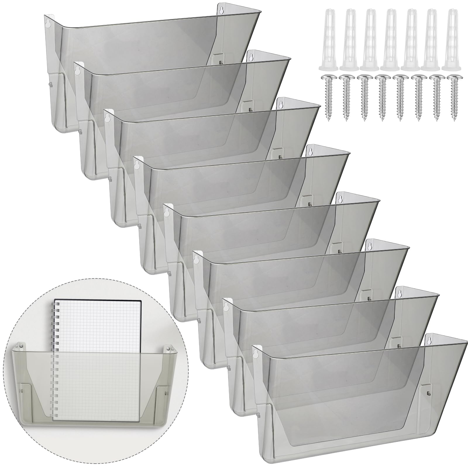 Colarr 8 Pcs Plastic Single Pocket Wall Mount File Holder Hanging File Organizer with Screws Wall File Hanging Folder Letter Paper Mail Organizer for Office Home Classroom(Gray)