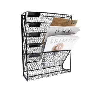 JINGWAYS Wall File Holder Hanging Mail Organizer Metal Chicken Wire Wall Mount Magazine Rack for Home and Office (Black)