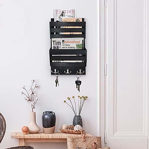 Unistyle Rustic Mail Organizer Wall Mount with 4 Key Hooks,Mail Holder Wall Mounted，Hanging Mail Organizer,Letter Holder for Wall,Key Hanger for Letter, Magazines, Keys, Dog Leashes