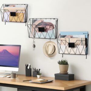 YBING Wall File Organizer for Office Hanging Wall File Holder and Basket Set of 3 Wall Mounted File Rack with Hooks Metal Wall Storage for Office Living Room Black