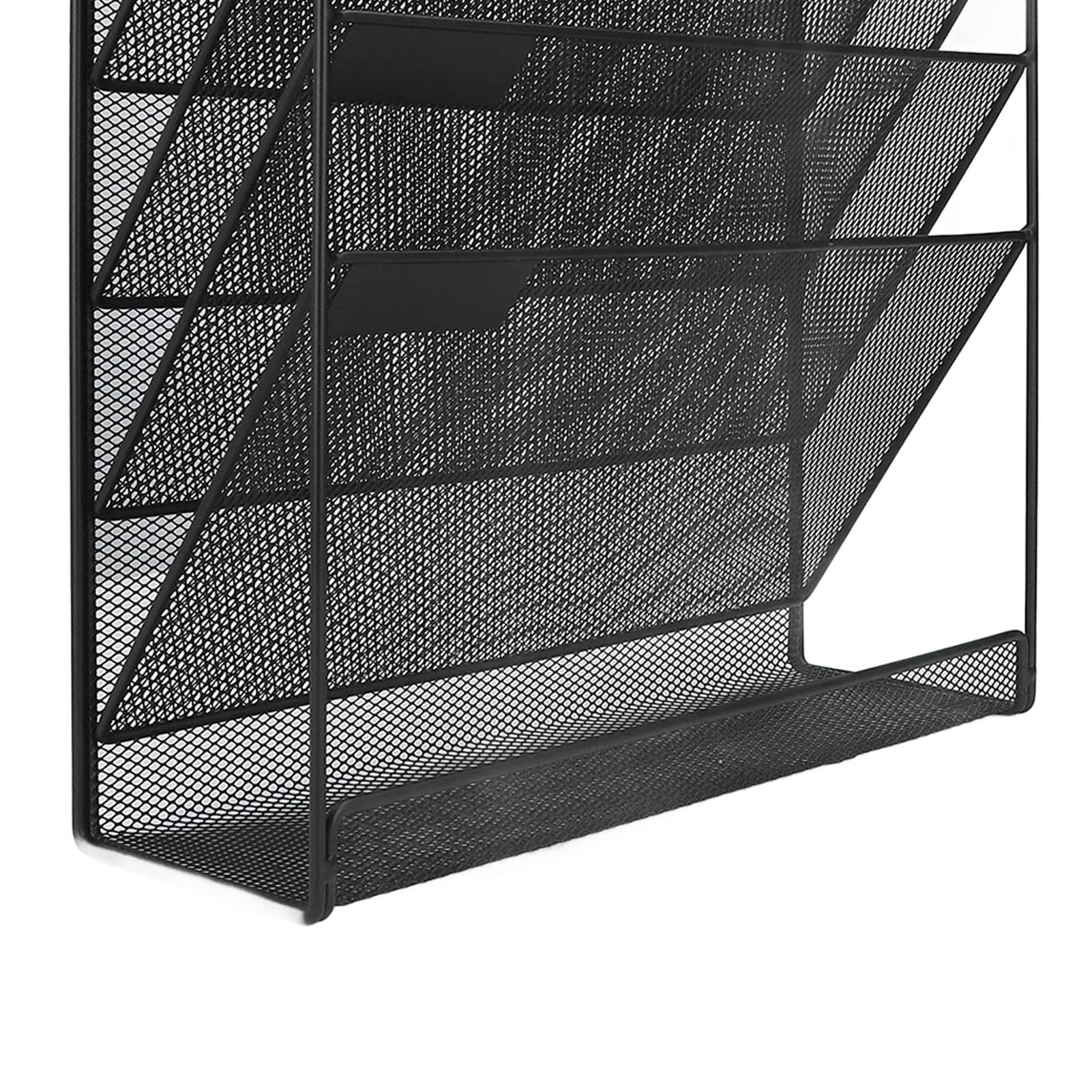 Wall File Organizer 5 Tier Black Heavy Duty Metal Mesh Hanging Mail Magazine Rack 40 x 32 x 11 cm Wall Mount Paper Holder for Newspaper Folders