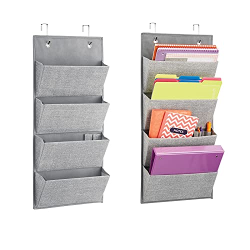 mDesign Soft Fabric Wall Mount/Over Door Hanging Storage Organizer - 4 Large Cascading Pockets - Holds Office Supplies, Planners, File Folders, Notebooks - Textured Print, 2 Pack - Gray