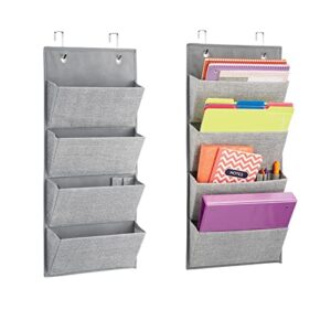 mdesign soft fabric wall mount/over door hanging storage organizer - 4 large cascading pockets - holds office supplies, planners, file folders, notebooks - textured print, 2 pack - gray