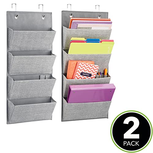 mDesign Soft Fabric Wall Mount/Over Door Hanging Storage Organizer - 4 Large Cascading Pockets - Holds Office Supplies, Planners, File Folders, Notebooks - Textured Print, 2 Pack - Gray